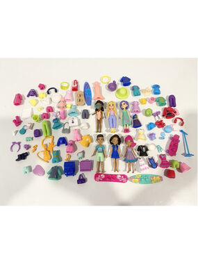 Polly Pocket Doll Lot 6 Figures Large Clothing Accessories Shoes Surfboards Mix